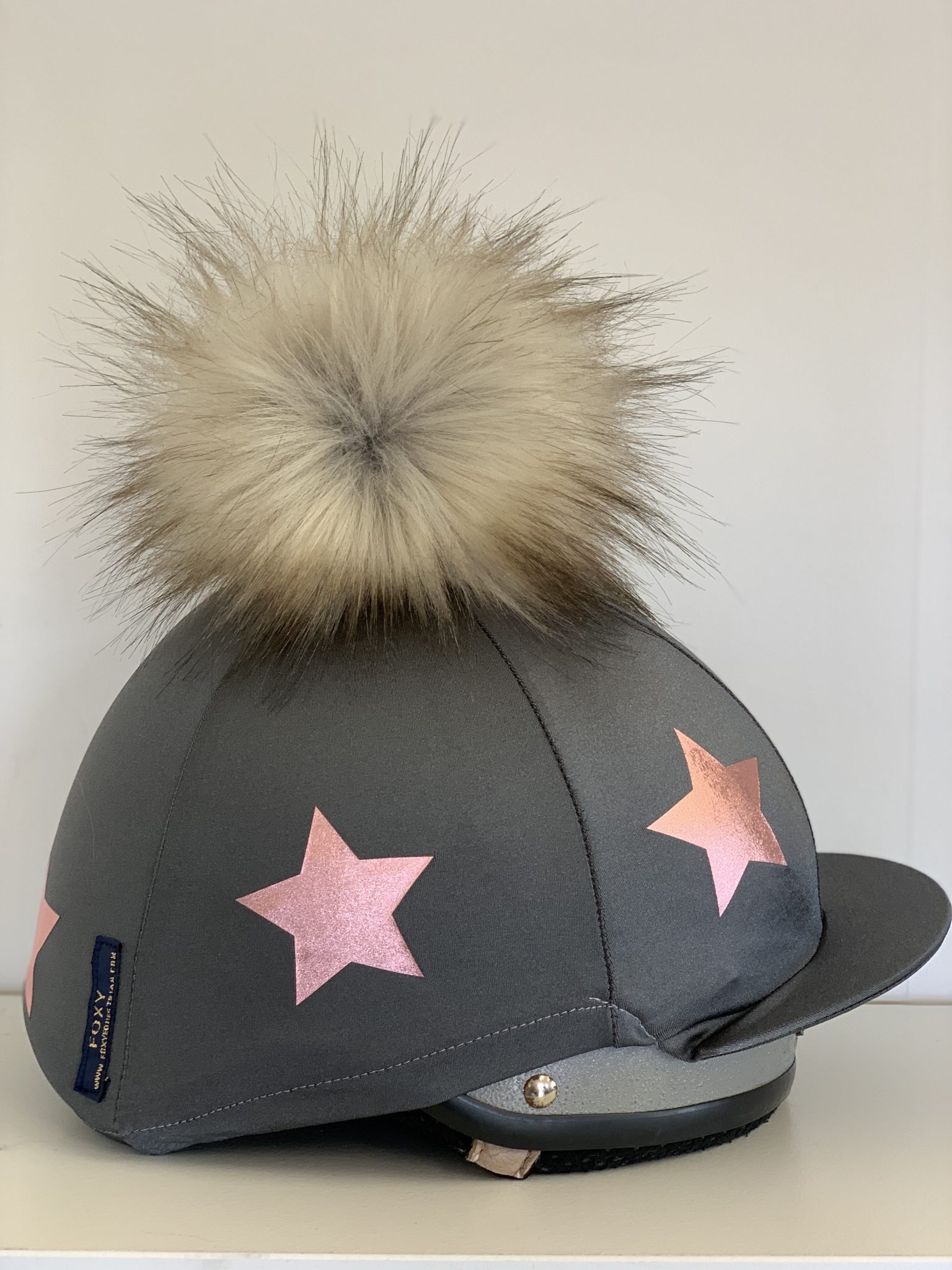 Stars Hat Silk with Pom Grey/Metallic Rose Gold Foxy Equestrian